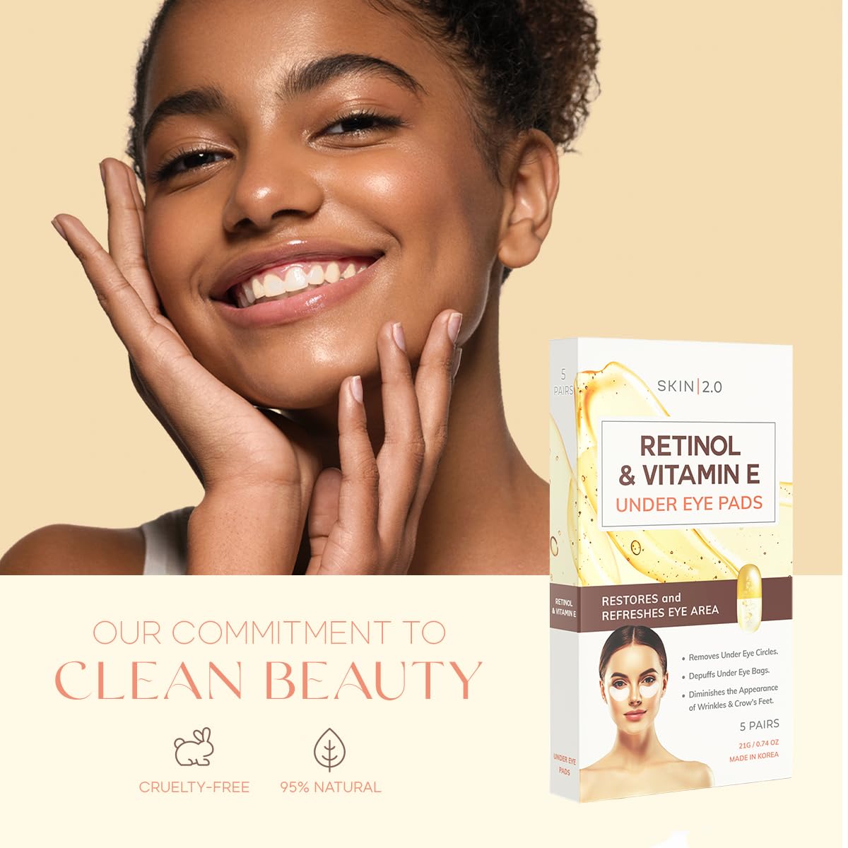 Retinol and Vitamin E Under Eye Patches - Reduce Wrinkles & Fine Lines, Dark Circles, Eye Bags, Depuffing Under Eye Pads - Cruelty Free Korean Skin Care For All Skin Types - 15 Pairs