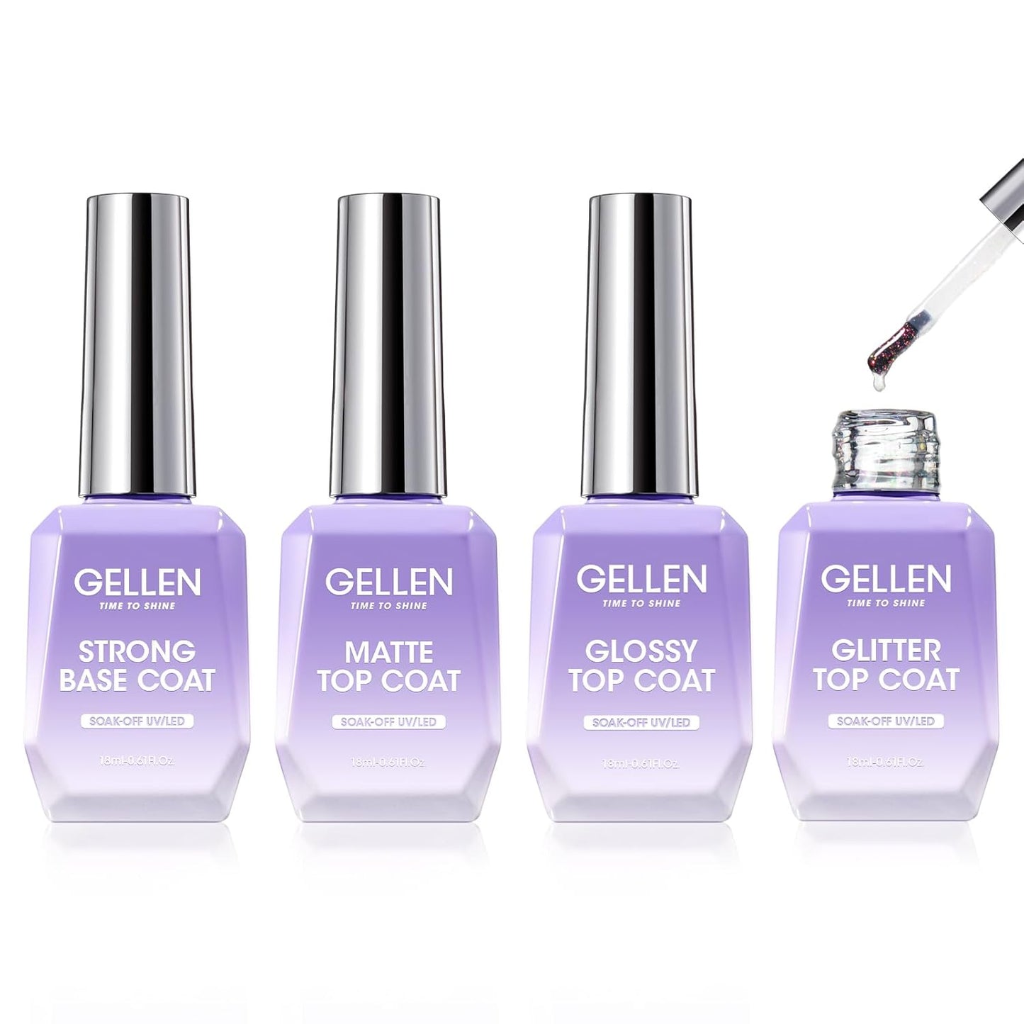 Gellen Gel Top and Base Coat, 4pcs 18ml No Wipe Matte Glossy Glitter Gel Top Coat, Clear UV Base Coat Gel Nail Polish, Soak Off Nail Lamp Gel Base Top Coat Long Lasting Home Gel Manicure