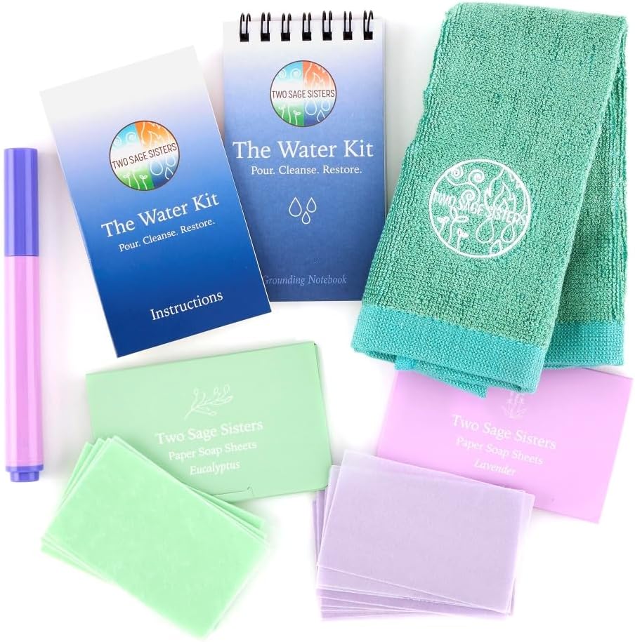 The Water Kit by Two Sage Sisters - Self Care Kit with Soap Sheets, Notebook, Marker, and Washcloth, Bath Shower Sets for Meditation and Relaxation, Mini Spa Kit Self Care Box for Women and Men