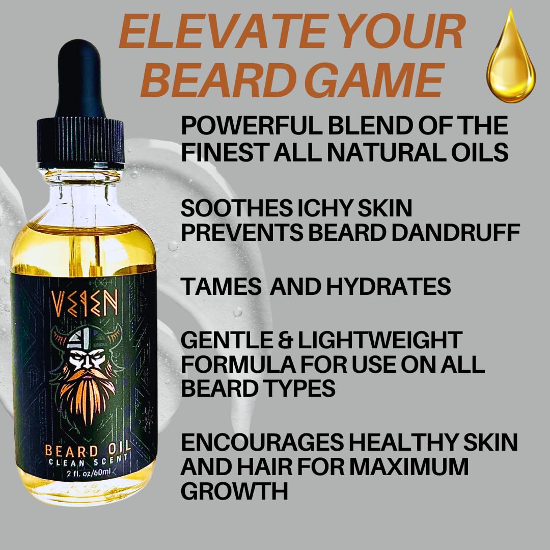 Veien Beard Oil for Men Premium All-Natural 2floz Made in USA for Thicker Darker Fuller Growth Moisturizes Conditions Softens Strengthens Smooths Frizz Hydrates for All Hair & Skin Types Reduces Itch