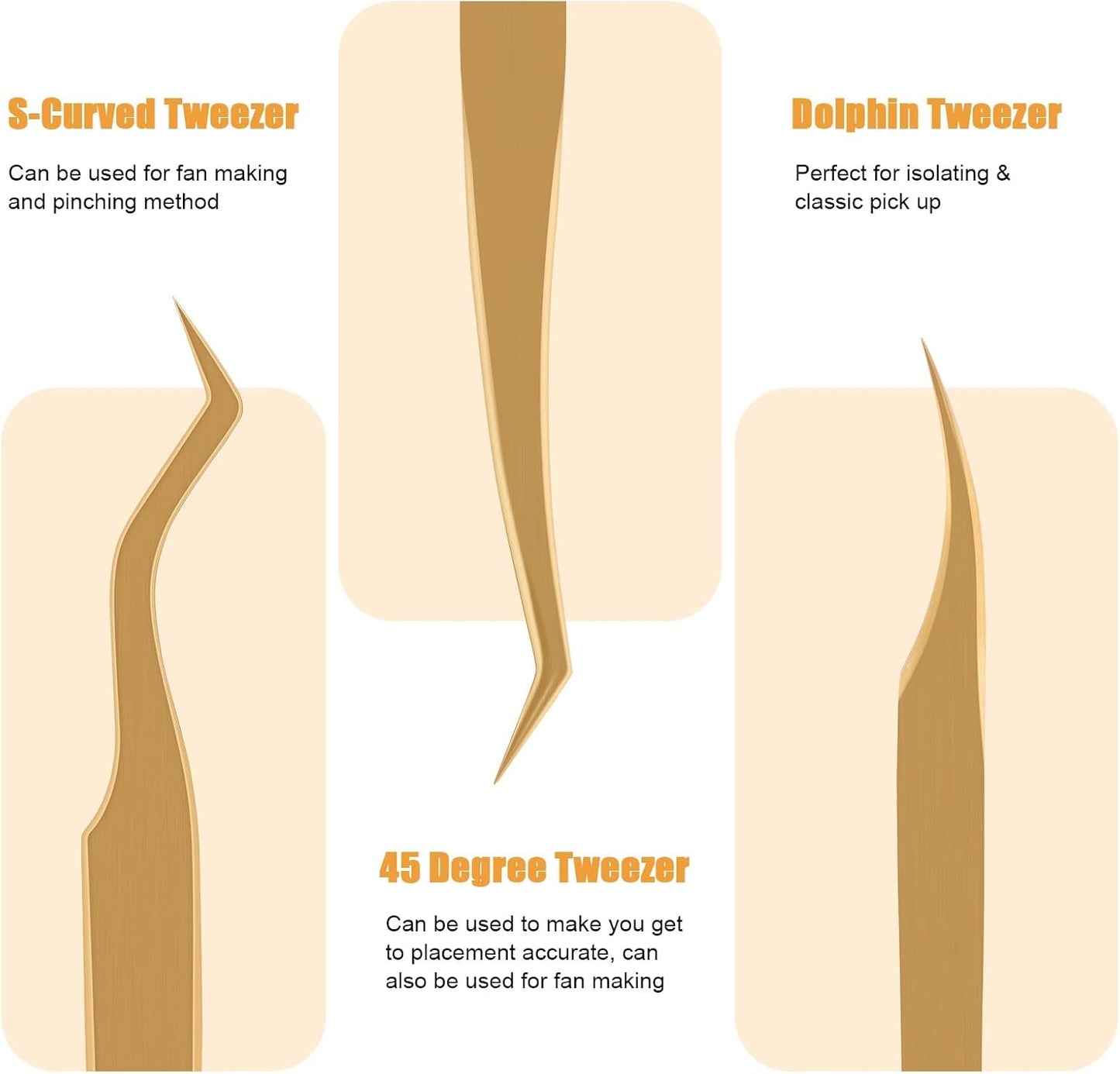 Lash Tweezers for Eyelash Extensions, Professional Eyelash Tweezer Set, Lash Extension Tweezer Kit (Set of 7, Gold)