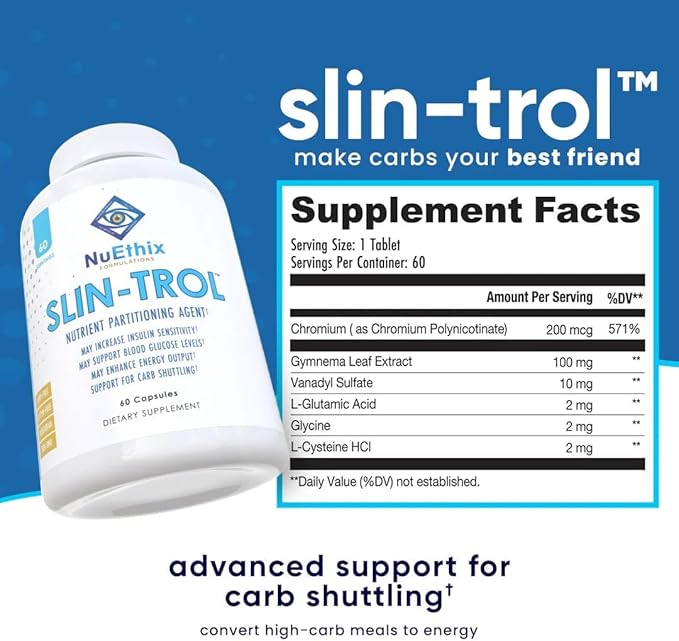 NuEthix Formulations SLIN-Trol, Glucose Disposal Agent Pills for Men & Women, Nutrient Partitioning Supplement with Chromium Polynicotinate, & Glycine, Effective Carb Absorption, Non-GMO, 60 Servings