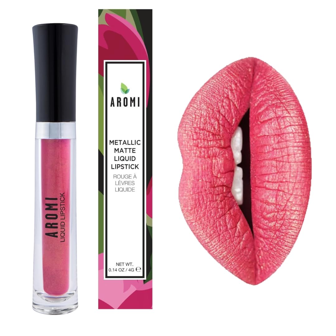 Aromi Metallic Liquid Lipstick | Peachy Pink, Coral Lip Color with Shimmery Finish, Long-lasting, Vegan, Cruelty-free, Smudge Proof, Gluten Free (Rose Gold)