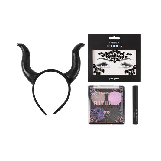 Profusion Cosmetics Rituals 4 PC Look Kit Includes Face Gems, Shadow and Glitter Quad, and Eyeshadow Brush, Along With Somber Matte Black Liquid Lipstick, Magical Beauty for Fairy Witches