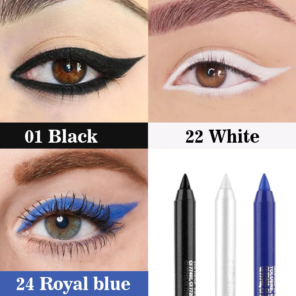 evpct 3Pcs Black & White & Royal Blue Gel Glitter Eyeliner Pencils Set for Women Waterproof Smudge Proof lapiz de ojos delineador de ojos contra el agua Eye Liner Makeup 01 22 24