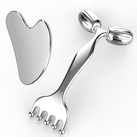 Pain Relief Massage Tool Set – Stainless Steel Gua Sha Scraper & Dual-Ended Face Roller for Muscle Tension, Circulation, and Myofascial Therapy – External Use for Jaw, Neck, Shoulders & Body Recovery