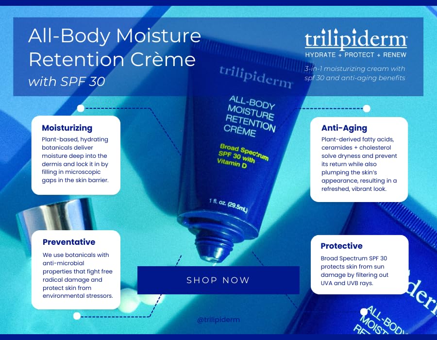 Trilipiderm All-Body Moisture Retention Crème with SPF 30, Vitamin D - 8oz Airless Pump Sunscreen