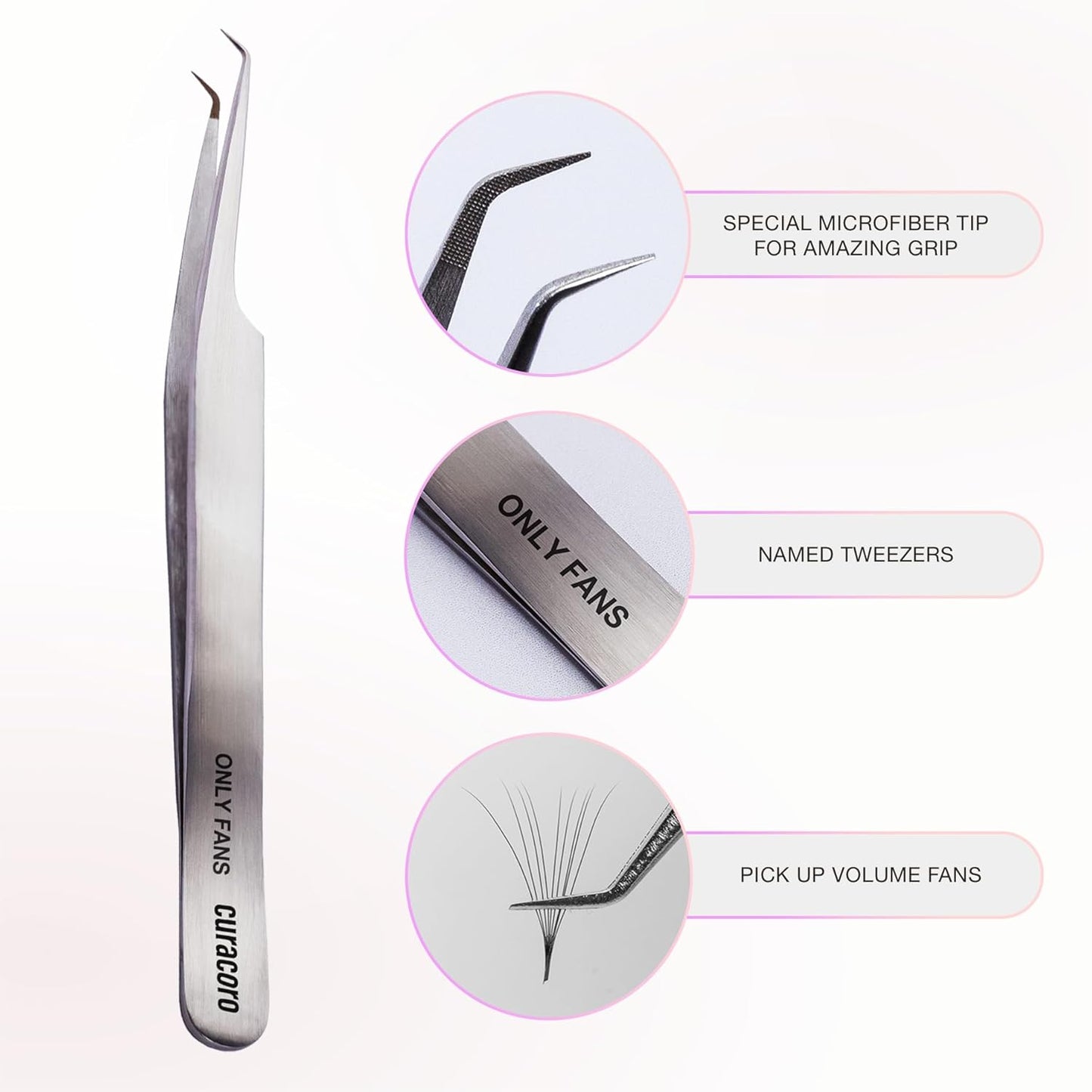 Curacoro Lash Tweezer - Professional & Precision Fiber Tip Grip Lash Tweezers for Eyelash Extensions, Multi Shapes & Purposes Tweezers for Volume, Isolation & Classic Lashes (Silver, Only Fan)