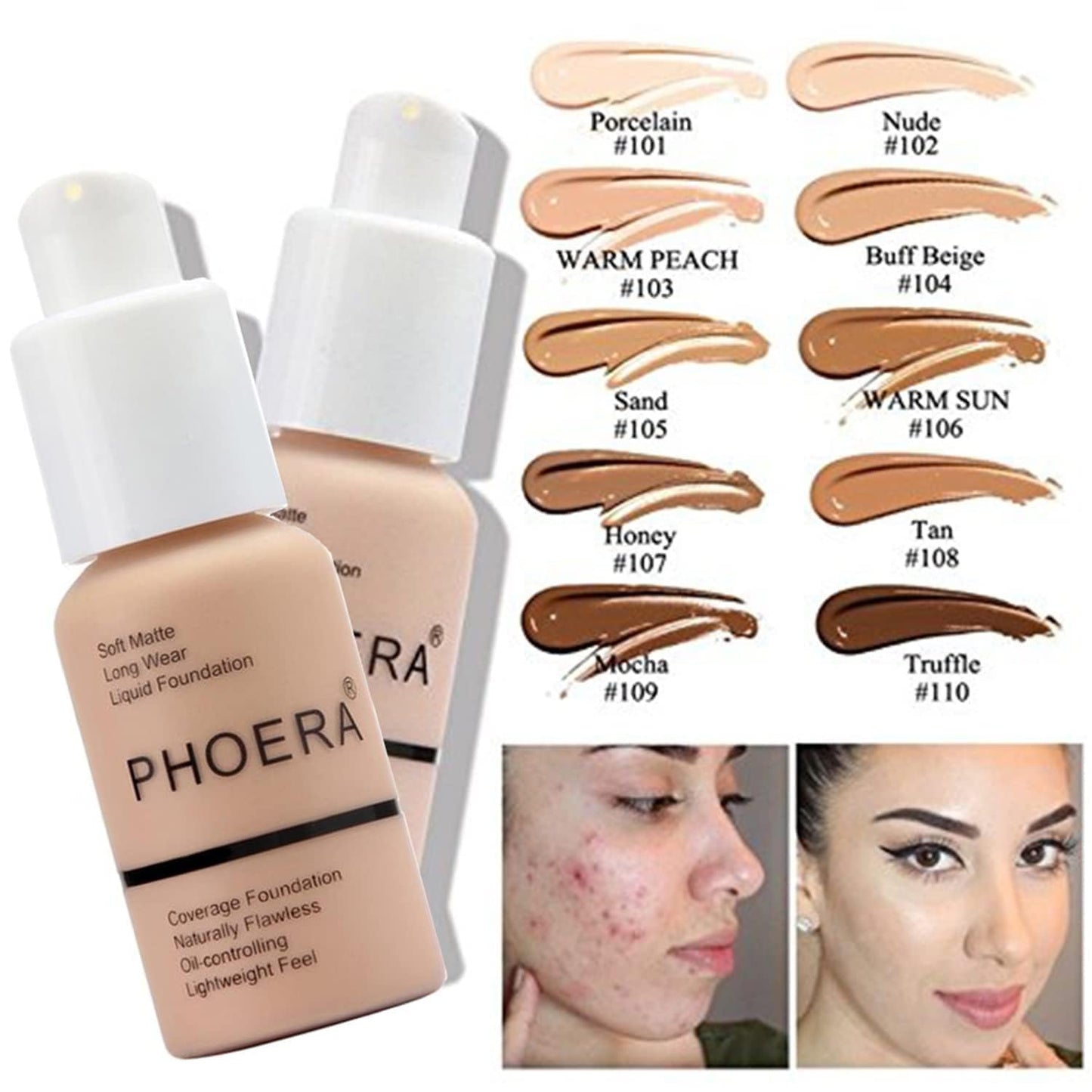 PHOERA Foundation, PHOERA Matte Liquid Foundation,PHOERA Makeup for Women, PHOERA Foundation Full Coverage Concealer, 30ml 24HR Matte Oil Control Concealer (103- Warm peach*2)
