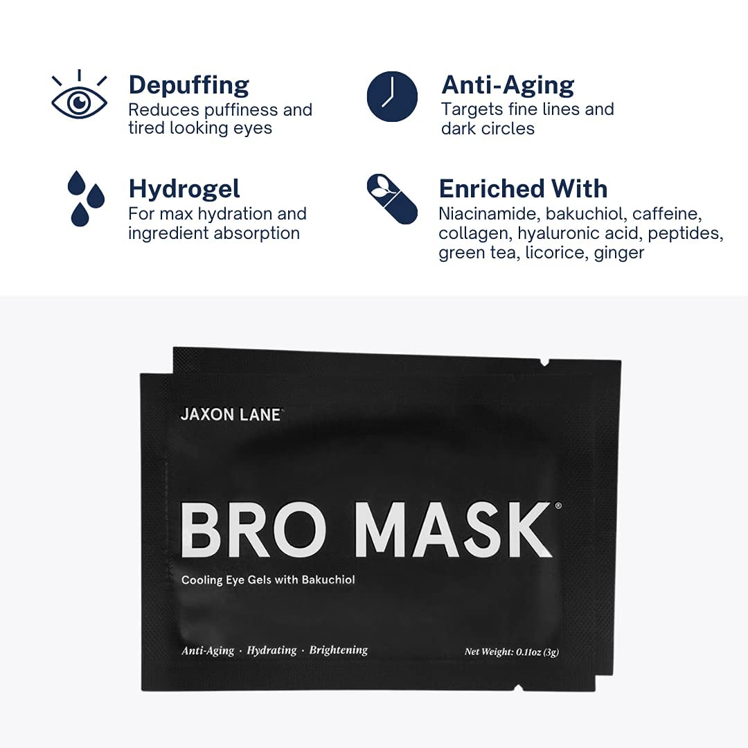 BRO MASK Under Eye Gel Pads: Cooling Eye Patches for Dark Circles and Puffiness | Anti Aging Hydrogel Eye Patch Set + Bakuchiol, Green Tea, Hyaluronic Acid, Caffeine, Niacinamide/Vit B3 (2 X 6 Pairs)