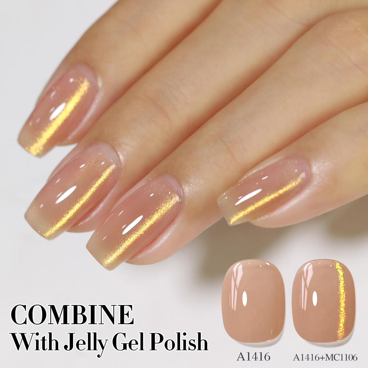 Double Rhythm 0.5 OZ Cat Eye Gel Polish with Magnet 15ML Holographic Glitter Shimmer Translucent Jelly Color Magnetic Polish Salon DIY at Home (Jelly Gold-MC1106)