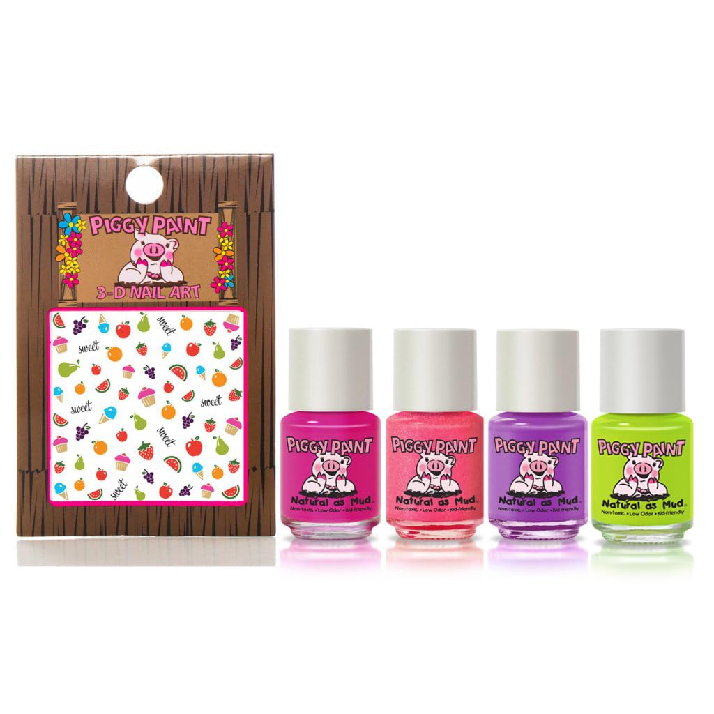 Piggy Paint | 100% Non-Toxic Girls Nail Polish | Safe, Cruelty-free, Vegan, & Low Odor for Kids | Cutie Fruity (4 Polish + Nail Art Gift Set)