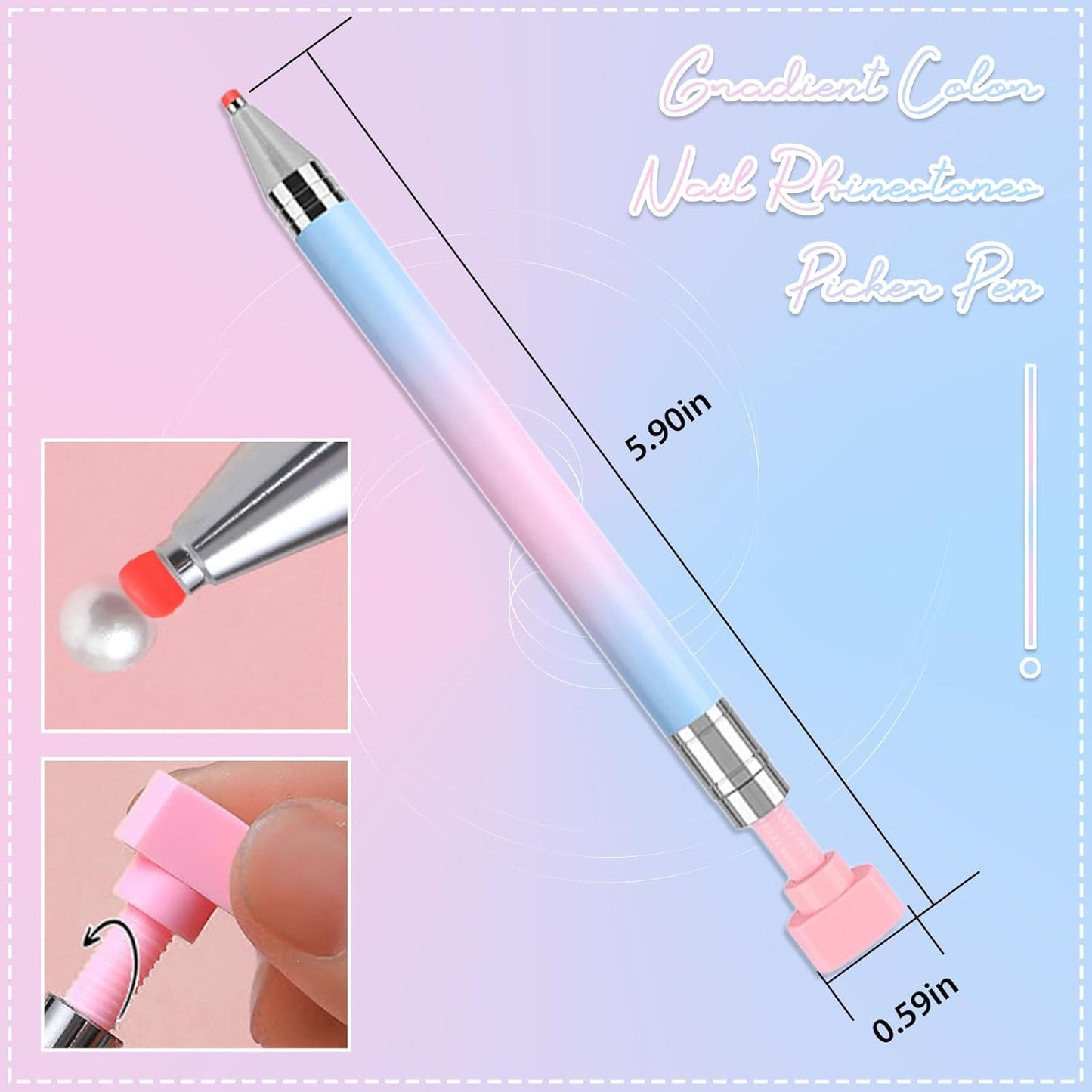 WOKOTO 1 PCS Nail Art Rhinestone Picker Pens With 1 Box Spare Silicone Clay Tool Blue Pink Gradient Rotating Push Nail Diamond Art Painting Dotting Pen Refillable Wax Pen For Nails Gems Picker Tool