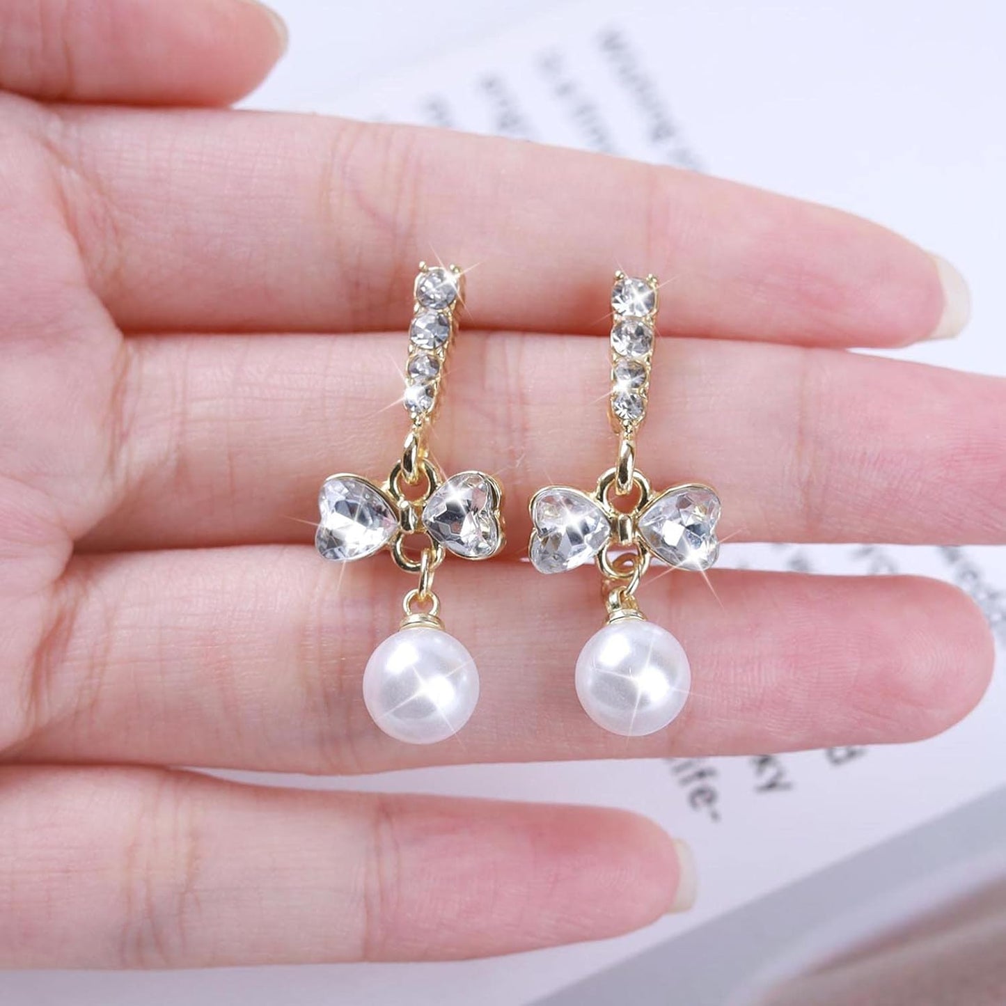 Vintage Crystal Pearl Dangle Earrings Rhinestone Bow Drop Earrings Cz Pearl Earrings Gold Pearl Bow Stud Earrings Jewelry for Women