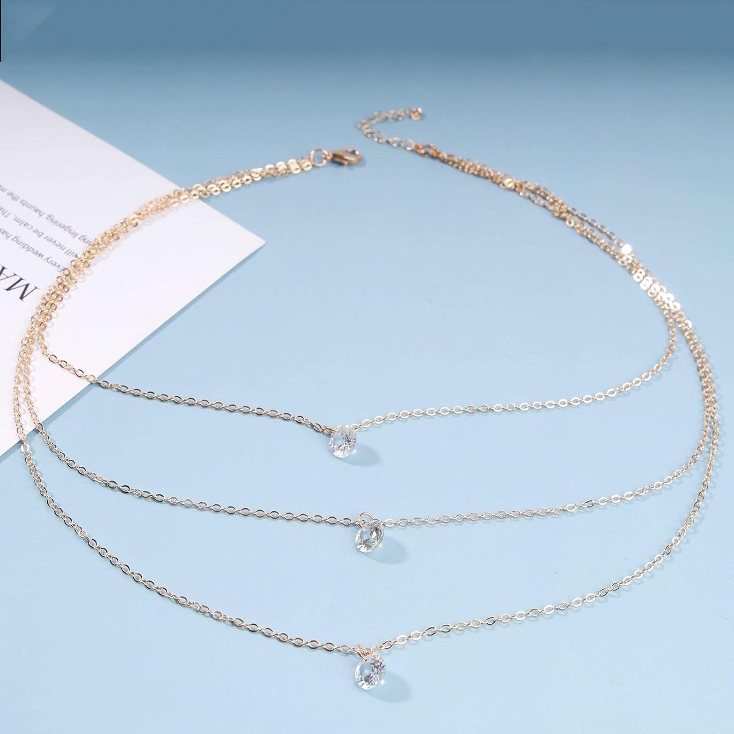 Boho Layered Crystal Necklace Choker Gold Bezel Pendant Necklace Multi Layering Vintage Necklace Chain Cz Bridal Necklace Chain Jewelry for Women and Girls