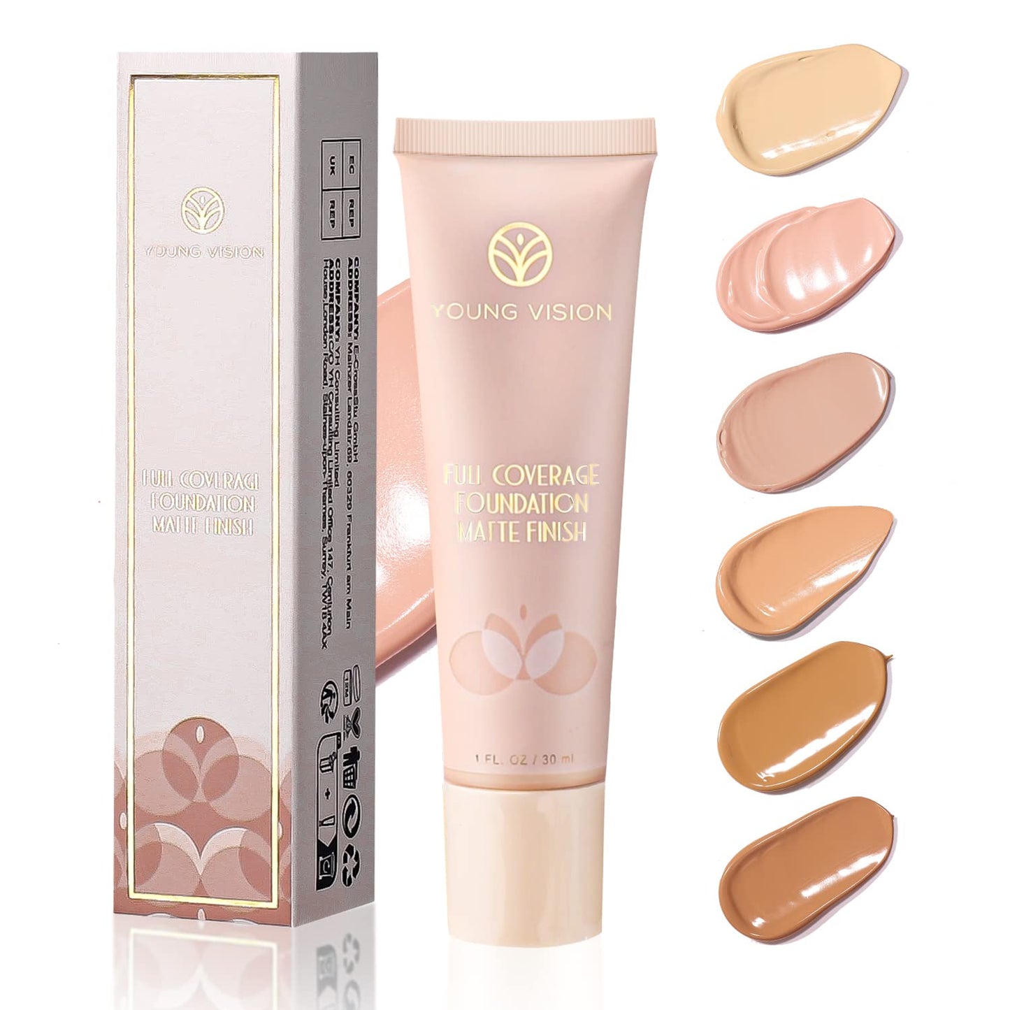 YOUNG VISION Full Coverage Longwear Foundation, Matte Finish, Waterproof, Poreless Liquid Foundation Makeup, Base de Maquillaje Alta Cobertura, 1 fl.oz
