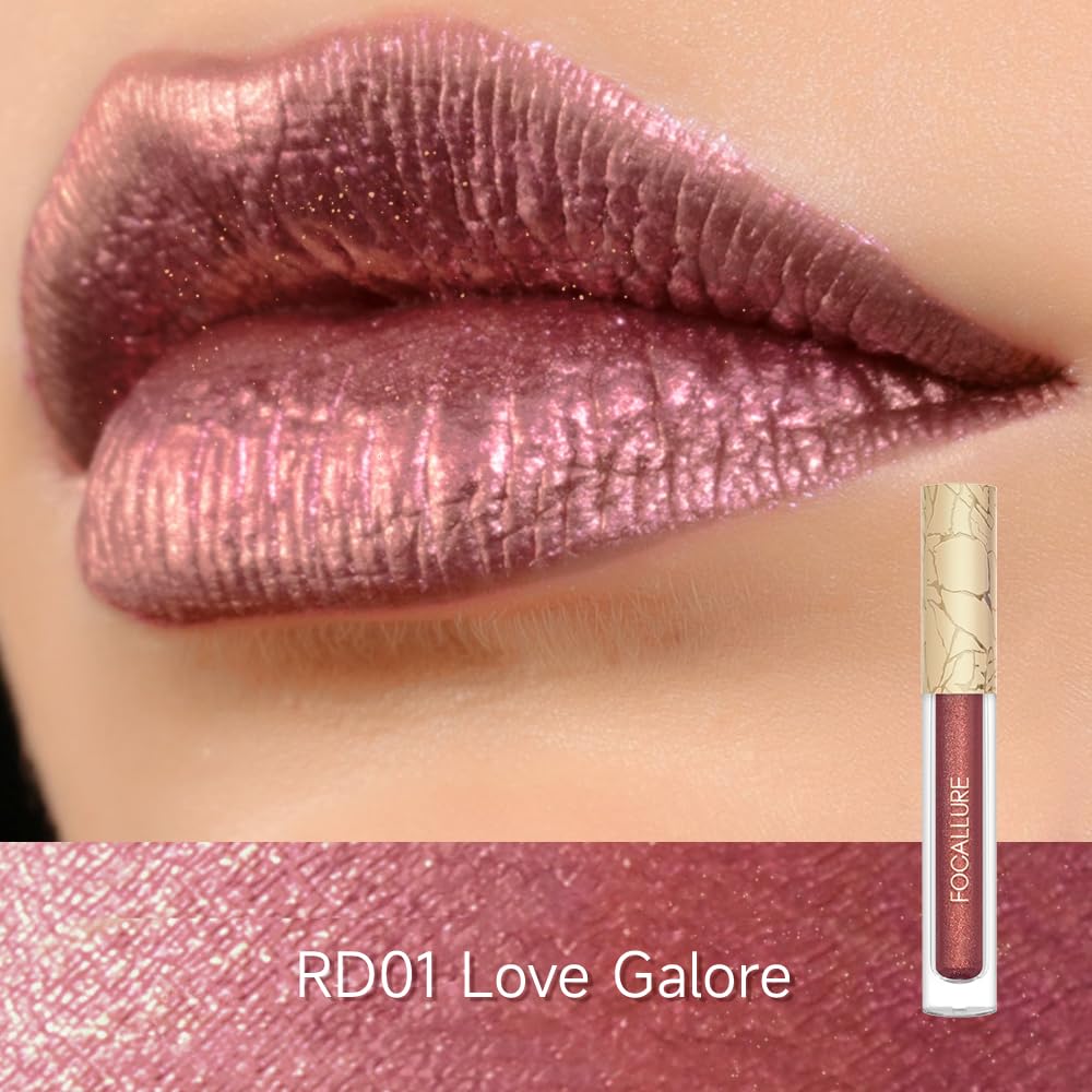 FOCALLURE Metallic Liquid Lipstick,Non Stick Cup Lip Gloss,High Impact Lip Color with Transfer-proof Wear,Long Lasting & Waterproof Lipstick Makeup for Women,Love Galore