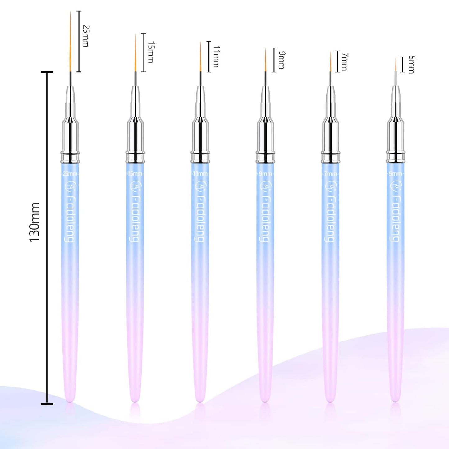Liner Brush for Nails, 6Pcs Thin Nail Art Brushes Professional Nail Detail Brush for Gel Polish Sizes 5/7/9/11/15/25mm (Blue and Pink)