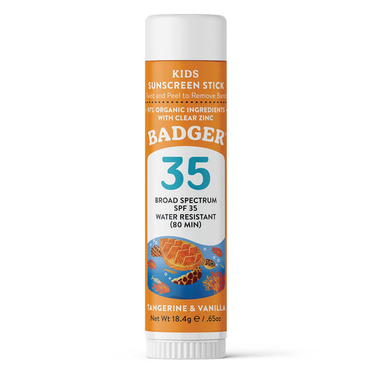 Badger Mineral Kids Sunscreen Face Stick SPF 35, Zinc Oxide Travel Size Sunscreen Stick for Kids, 97% Organic Ingredients, Reef Safe, Water Resistant, .65 oz