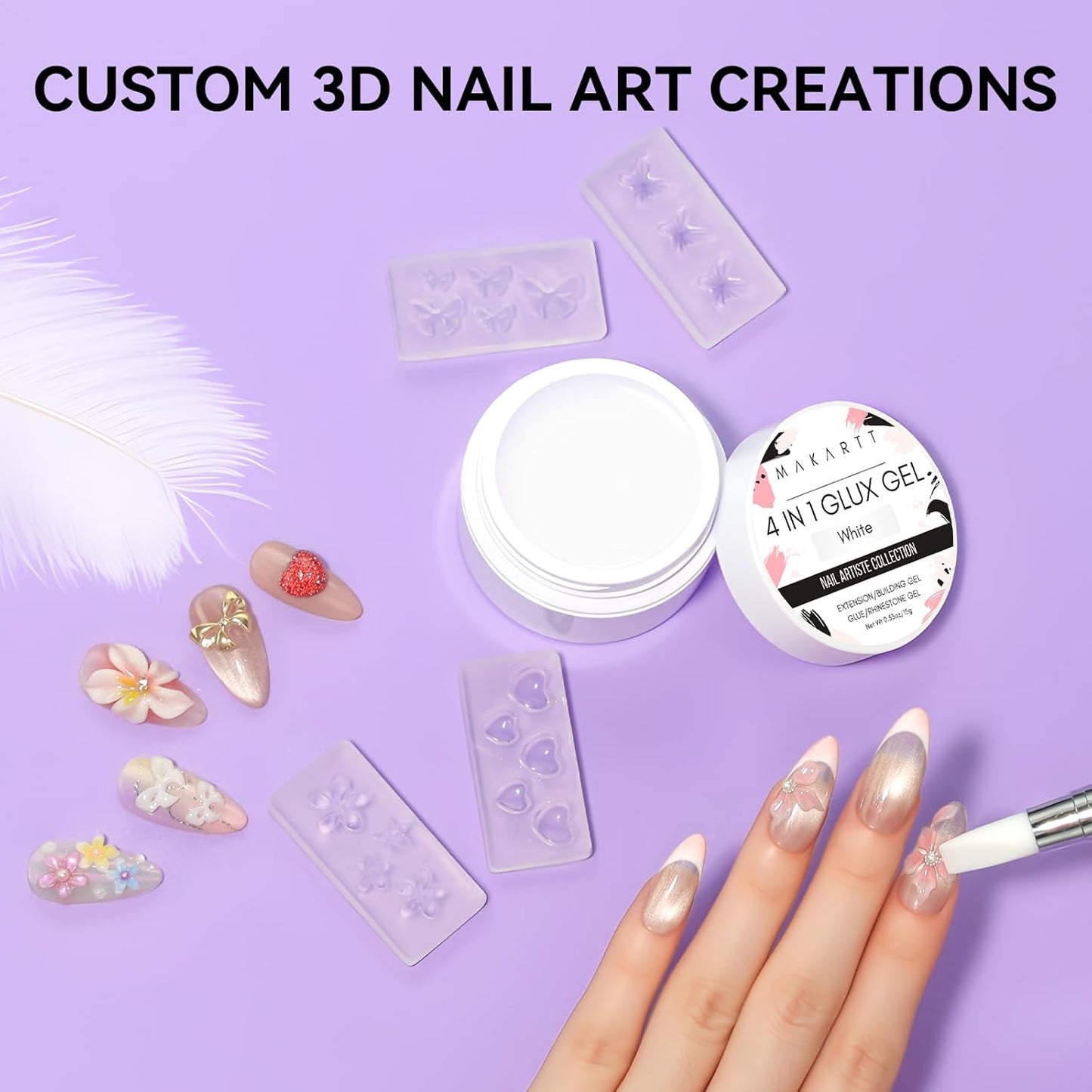 Makartt 3D Gel Nail Art: 4 in 1 White Solid Gel Builder Diy Kit for 15ML Nail Extension Gels, 4pcs Silicone Molds, 1 sculpture Brush, Nails Art Glue for Acrylic Nails Carving Manicure for Home Salon