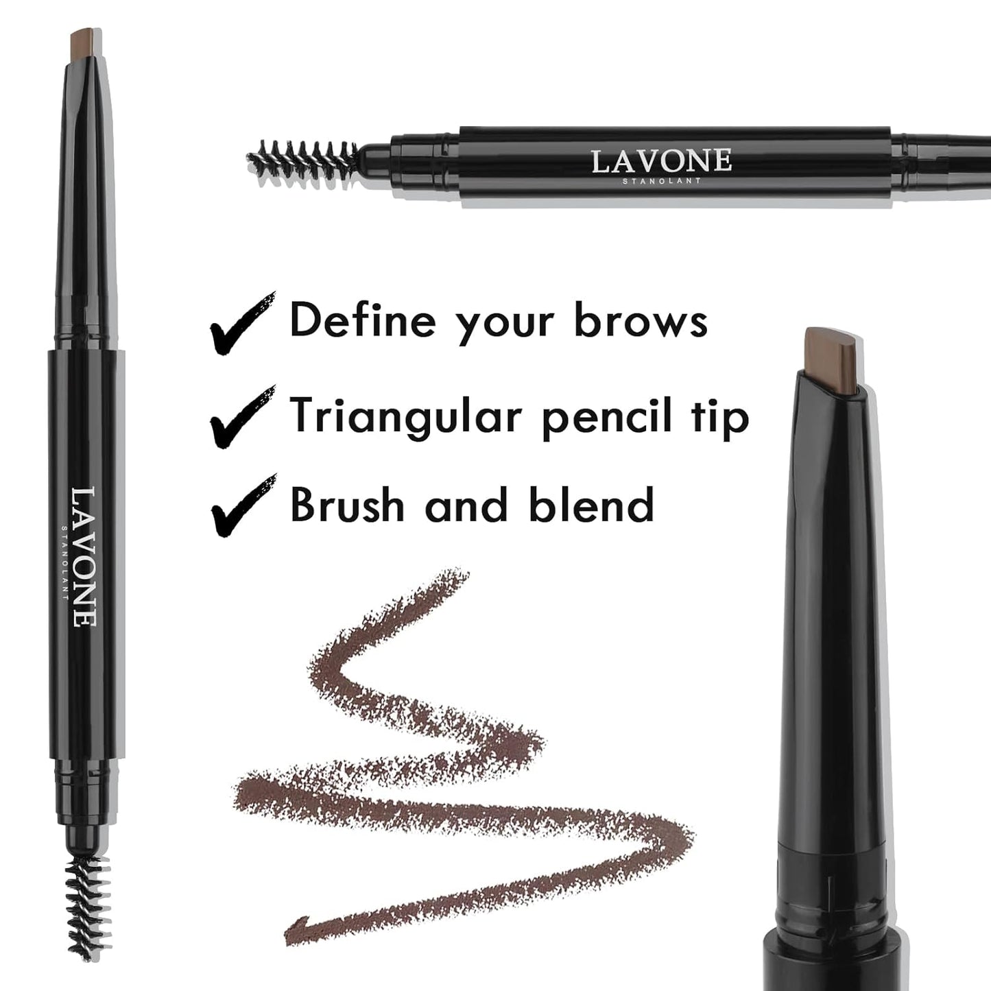 LAVONE Eyebrow Stamp Stencil Kit - Brow Stamp Trio with Waterproof Eyebrow Pencil, Pomade, 20 Stencils, Dual-ended Brush and Sponge Applicator - Ash Brown