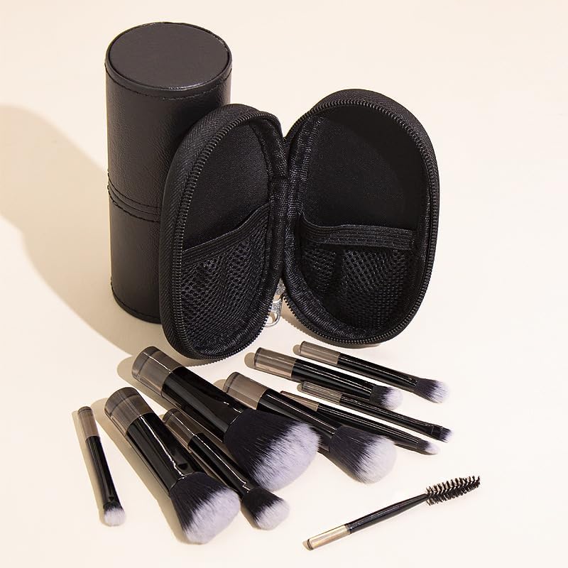 Portable ON THE GO Makeup Brush Set, COSHINE 10pcs Easy-taken Mini Full Complete Function Cosmetic Brushes Kit with Brush Pouch (black)