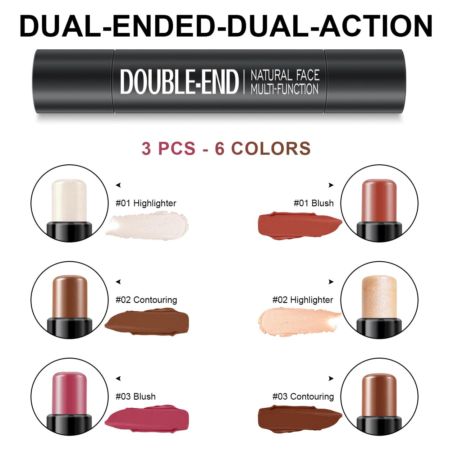 6 Colors Cream Contour Stick Makeup Kit, Shades with Highlighter, Blush and Double-End Bronzer Contour Stick for Sculpt the Cheeks, Long Lasting, Waterproof, Matte & Dewy Finish(SET C)