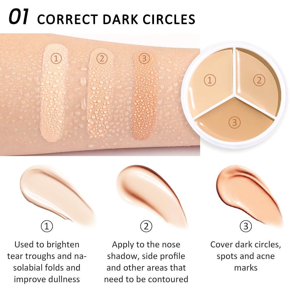 Kaely 2Pcs Tri Color Concealer Pot,Color Correcting Concealer for Dark Circles Spots,Cream Concealer Full Coverage,Foundation Contour Makeup Palettes,under Eye Brightener corrector de ojeras,01