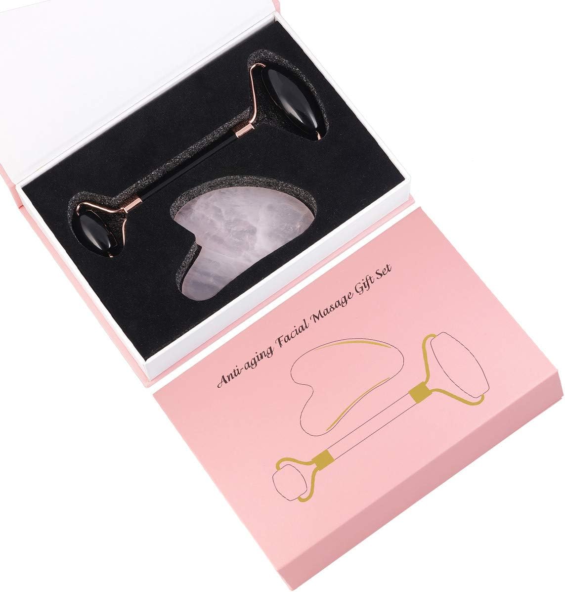mookaitedecor Obsidian Roller & Rose Quartz Gua Sha Scraping Massage Tool Set, Face Massager for Wrinkles, Anti Aging