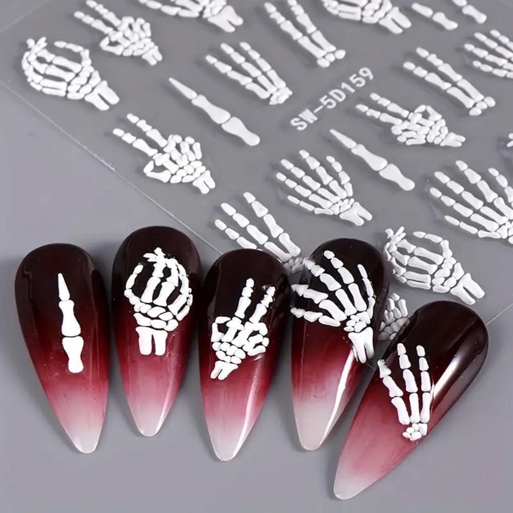 Halloween Nail Art Stickers Decals 3PCS Skeleton Nail Decals 5D Embossed Skull Nail Stickers White Hand Bones Finger Skeleton Halloween Nail Art Supplies Self-Adhesive Manicure Decorations
