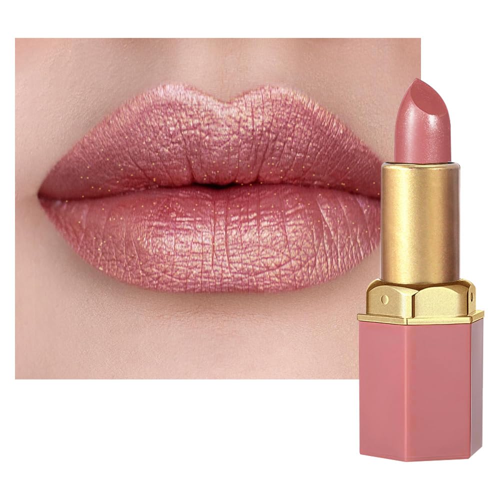 Nude Metallic Lipstick Lip Gloss for Women,Lightweight Shimmer Frosted Long Lasting Lipstick,Glitter Lip Stain Waterproof Smudge Proof 24 Hour Full Coverage Lip Makeup,Vegan