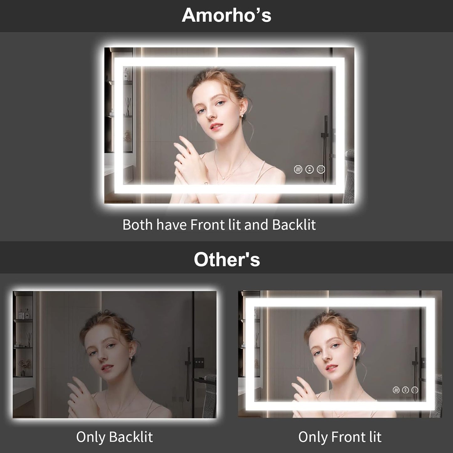 Amorho LED Bathroom Mirror 44" X36" with Front and Backlight, Stepless Dimmable Wall Mirrors with Anti-Fog, Shatter-Proof, Memory, 3 Colors, Double LED Vanity Mirror(Horizontal/Vertical)