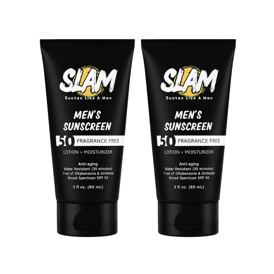 SLAM Men's Sunscreen Lotion SPF 50 & Moisturizer – Face & Body Sunblock, Anti-Aging, Water-Resistant, Hawaii Act 104 Safe, Skincare for Men, Unscented – 3 fl oz.each. Double pack.