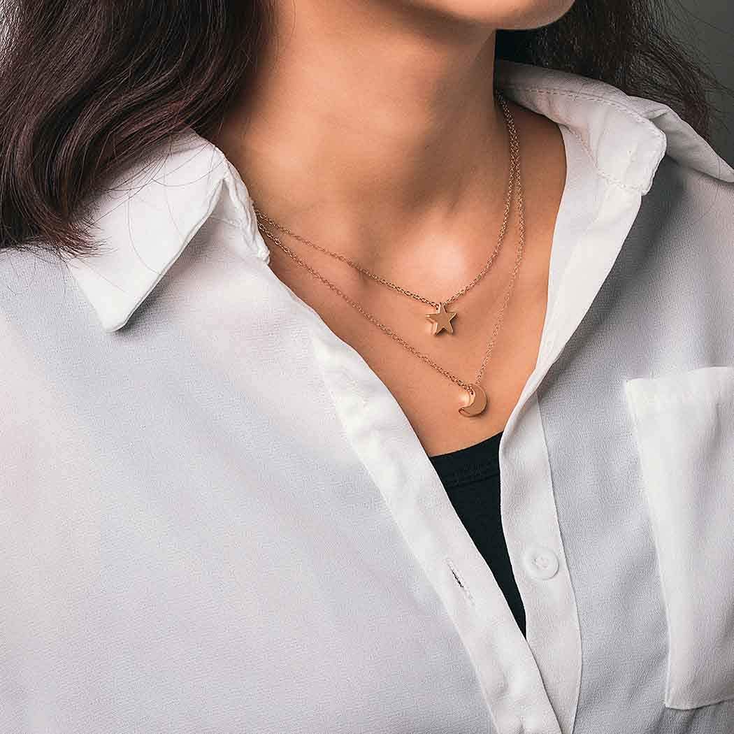 Bohemian Layered Necklace Moon Star Necklace Chain Long Pendant Necklaces Jewelry for Women and Girls (Gold)