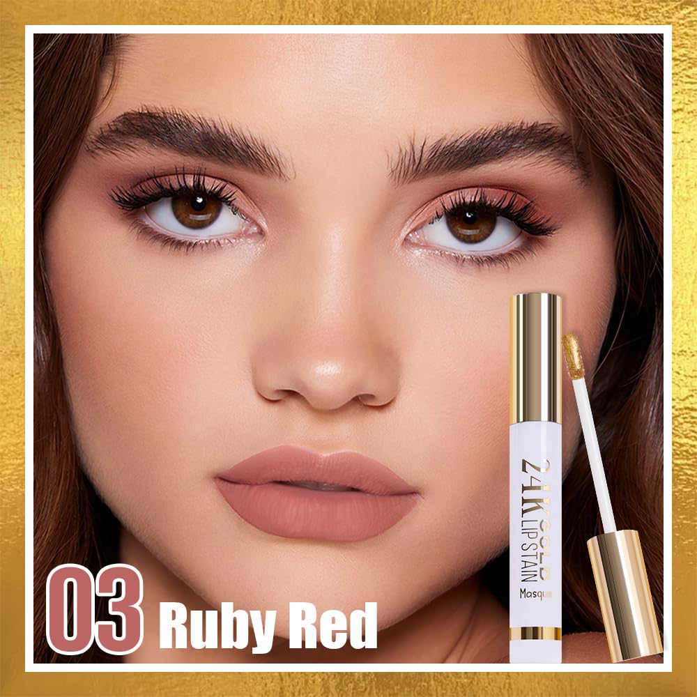 2025 New 24K Gold Liquid Lip Gloss Peel Off Lip Stain Tattoo with Tweezer, Ruby Red Lips Stain Peel Off Masque, Long Lasting Waterproof Lip Tint Stain, Transfer-proof for All Skin Types 03#