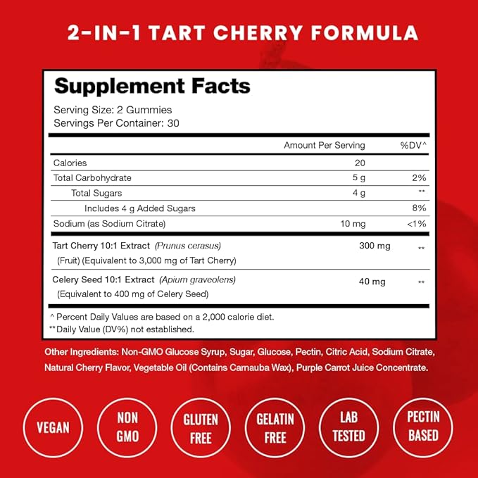 NutraChamps Tart Cherry Gummies - 3000mg Tart Cherry Extract with Celery Seed - Uric Acid Cleanse Supplement - Antioxidant, Joint Comfort, Flexibility, Immune Health, Sleep - 60 Vegan Gummies (2-Pack)