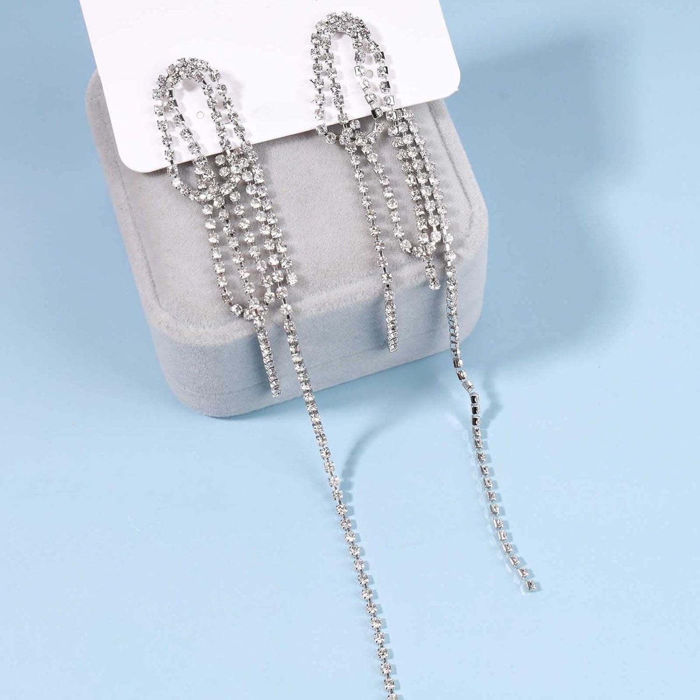 Rhinestone Tassel Ear Jacket Earrings Long Rhinestone Chain Earrings Silver Crystal Tassel Earrings Vintage Chandelier Chain Earrings Luxury Statement Earrings Jewelry for Women and Girls Gifts