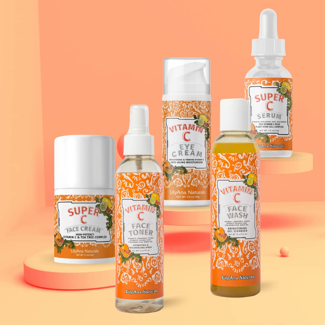 LilyAna Naturals Vitamin C Skincare Gift Set - Brightening and Anti-Aging Skin Care Products - Vitamin C Serum and Hyaluronic Acid - 5 Piece Set