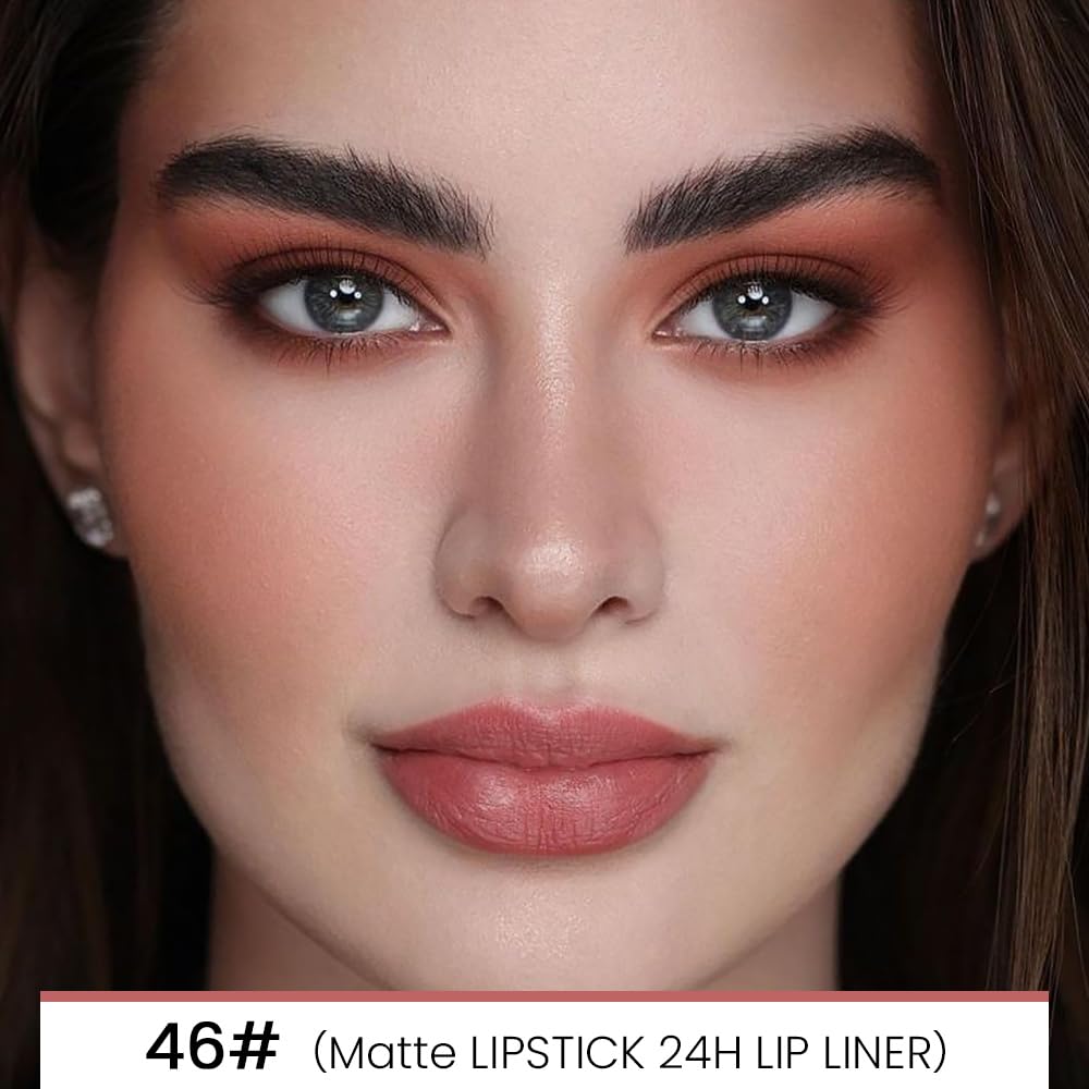 Kaely 2-in-1 Nude Pink Velvet Matte Lip Liner & Lipstick Combo Set Kit for Women, Magic 24 Hours Lipstick and Lip Liner Makeup Set Stain Long Lasting Waterproof labial 46