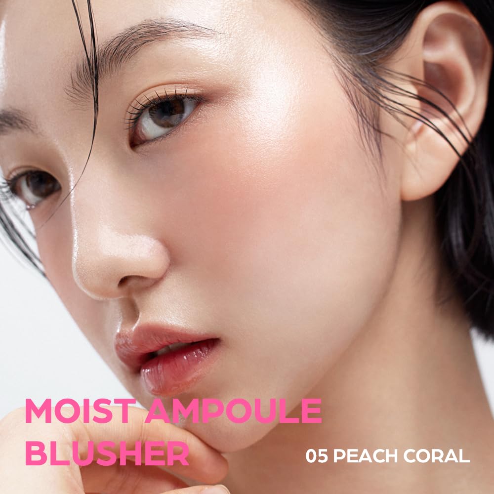 Moist Ampoule Blusher with 50% Moisture Essence | Hydrating & Long-Lasting Blush | 0.67 fl.oz (9 Shades) (Peach Coral)