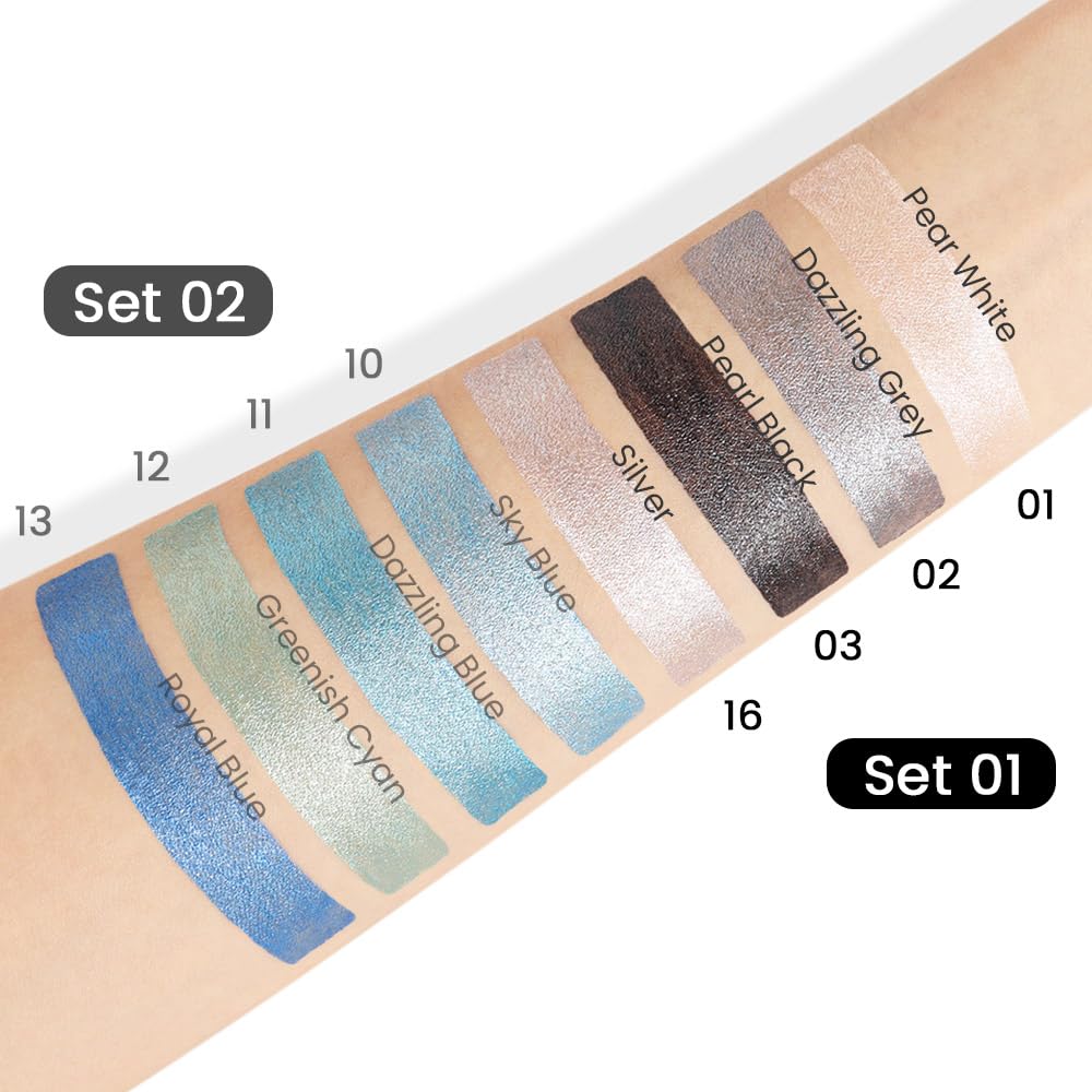 Kaely 4Pcs Metallic Shimmer Eye Shadow Sticks Set, Sky Blue Dazzling Blue Greenish Cyan Royal Blue, Eyeliner Pencil Eyeshadow Palette Halloween Makeup, Eye Highlighter Brightener Stick for Women
