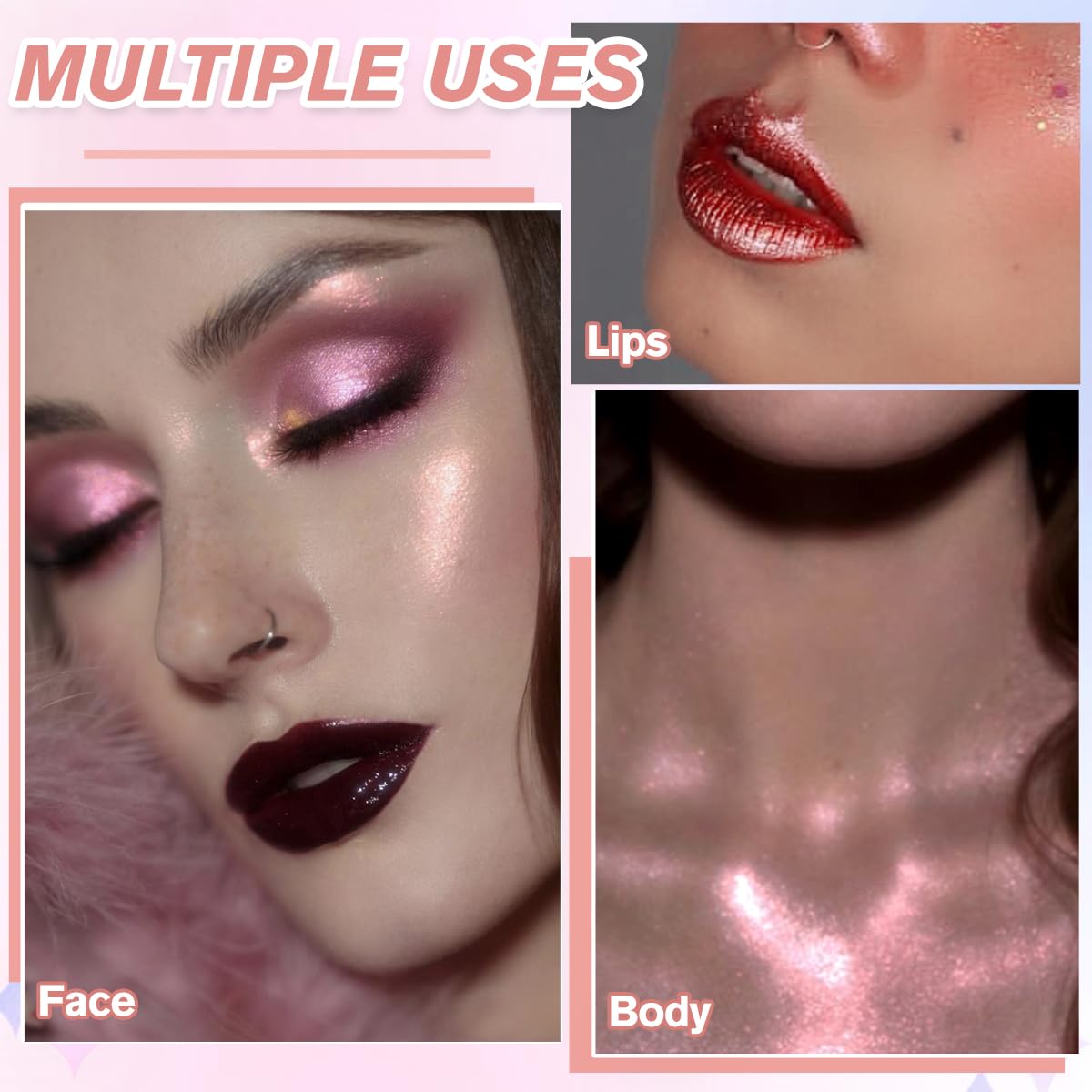Highlighter Makeup Palette, Long Lasting New Formula, Fairy-like Sheer Glow, Translucent Pink and Silver Shimmer, Ideal for Face and Body Contour and Cheek Highlight,#1