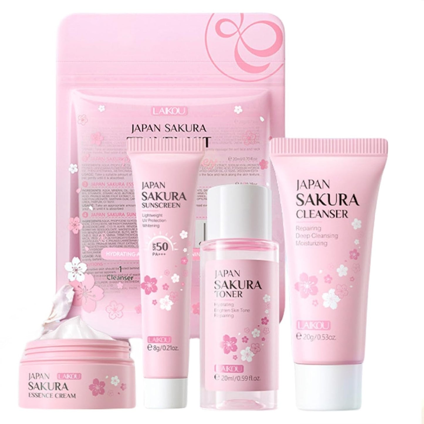 Sakura Travel Skincare Set for Teenage Girls - Face Routine Set for Women,4 Piece Gentle Skin Cleaning & Care Travel Size Kit With Cleanser, Toner, sunscreen and Face Cream