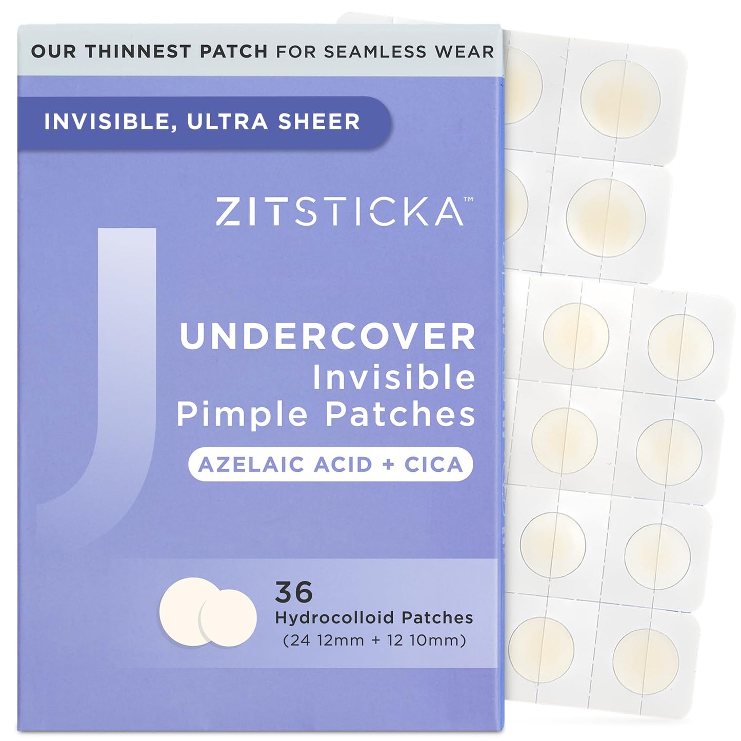 ZitSticka Invisible Pimple Patches for Face, Hydrocolloid Patches, Ultra-Thin Clear Azelaic Acid & CICA Blemish Patches, Pimple Stickers (UNDERCOVER 36 Count)