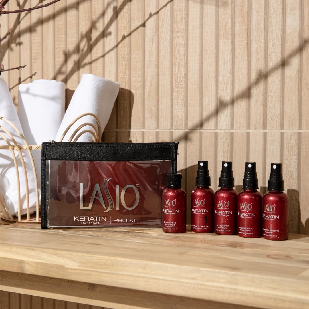 Lasio Pro Keratin Hair Treatment Kit for Salon Use– Includes Keratin Tropic, One Day, Mocha Silk, Color Pro & Hypersilk Clarifying Shampoo (2 Oz Each – Reduces Curls, Eliminates Frizz, Repairs & Shine