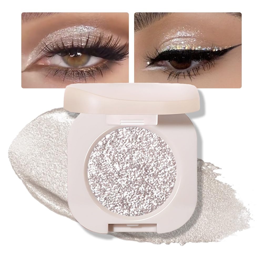 Monochrome Glittler Shimmer Eyeshadow Palette,Silver Gray White Shimmer Powder Eyeshadow,24 Hour Waterproof Pressed Glitter Single Eye Shadow Apply Makeup Easily