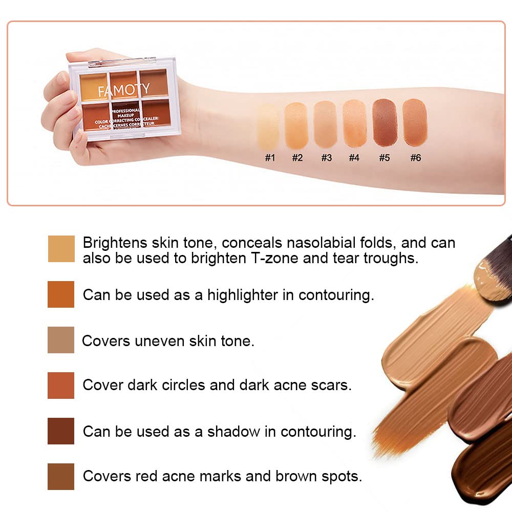 6 Color Correcting Concealer Palette With Concealer Brush, Tattoo Concealer, Cream Contouring Makeup Kit, Corrects Dark Circles Red Marks Scars Light Mediumor creamy concealer A3