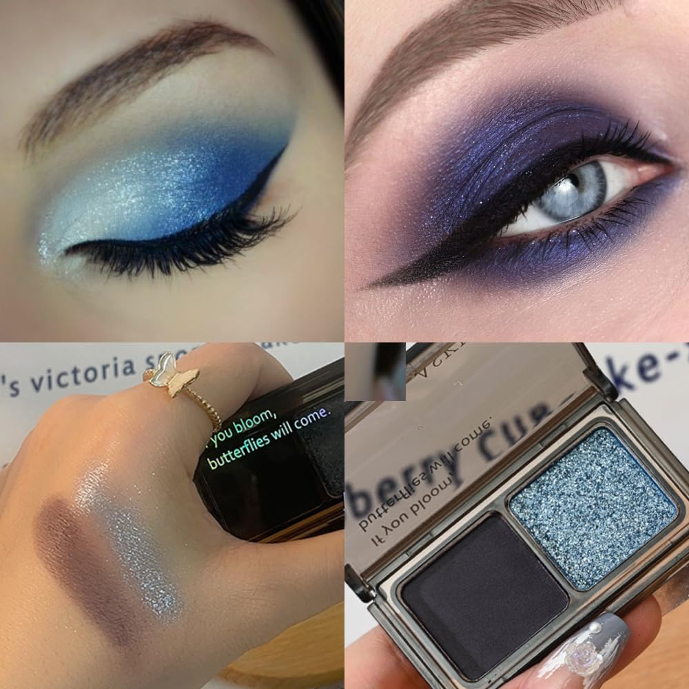 Dark Purple Blue Two Color Matte Shimmer Glitter Eyeshadow Palette,Eye Shadow Powder Professional Long-Lasting Waterproof Makeup Palette,Easy-To-Apply and Compact for Travel,Vegan & Cruelty-Free
