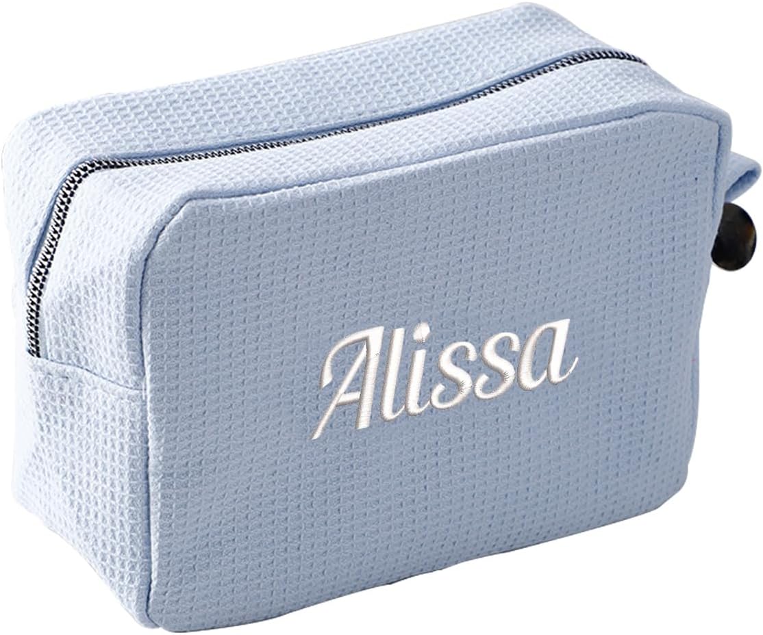 GOPHIE Personalized Embroidered Makeup Bag,Custom Waffle Fabric Cosmetic Pouch for Women, Travel Makeup Pouch (1, Sky Blue)