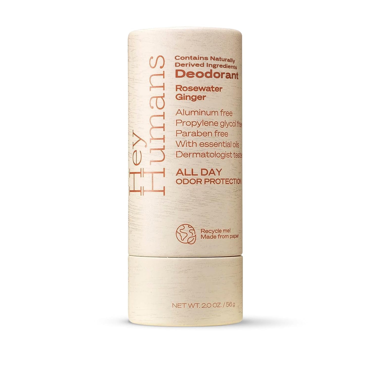 Hey Humans Deodorant, Aluminum Free Deodorant for Women and Men, Contains Naturally Derived Ingredients, All Day Odor Control, Refreshing Essential Oils, Earth Friendly Package, Rosewater Ginger